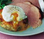 Bubble and squeak cakes with ham and poached eggs